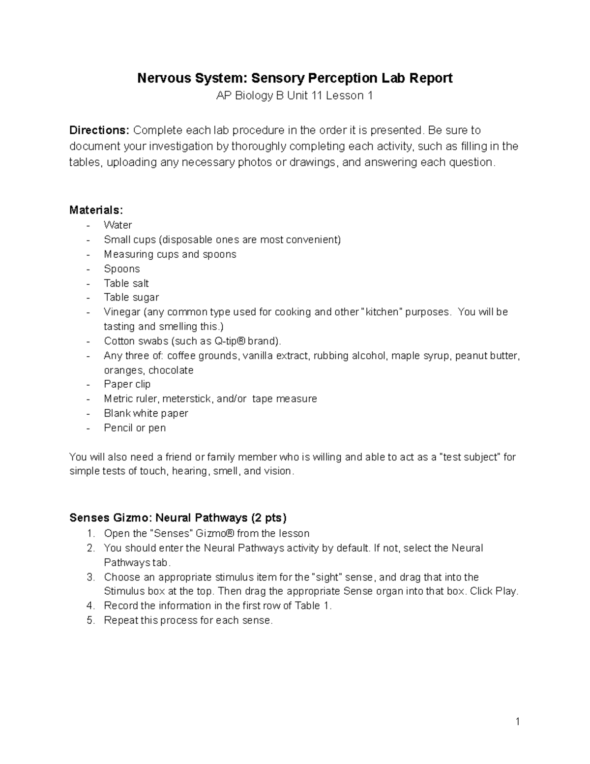 AP Bio B U11: Nervous System Sensory Perception Lab Report - Studocu