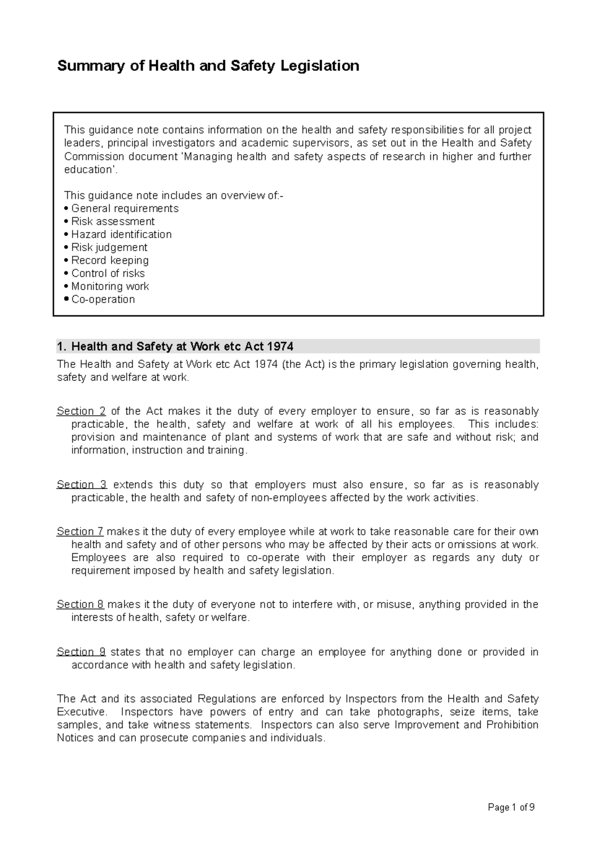**Health and Safety Legislation Overview (HSE Guidance Summary)** - Studocu