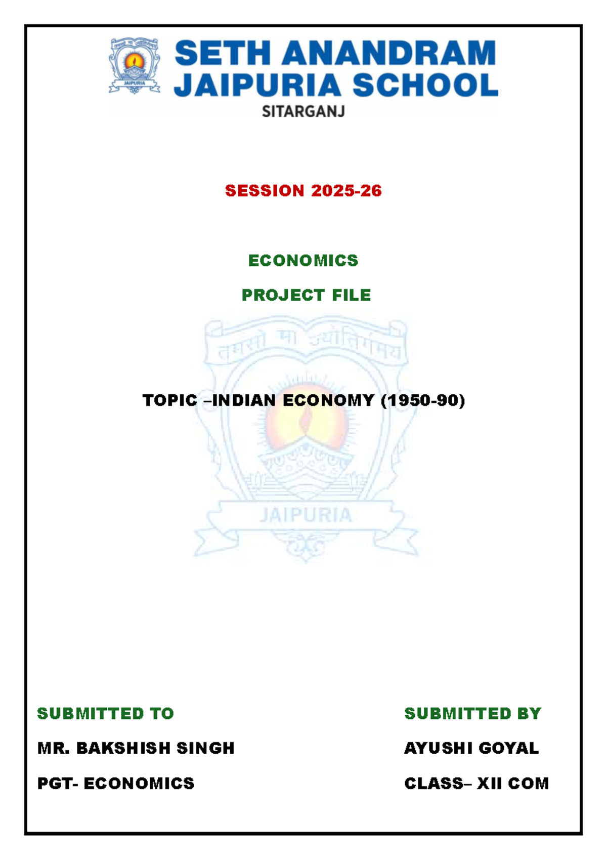 ECONOMICS PROJECT FILE: CLASS XII COM (2025-26) - Studocu