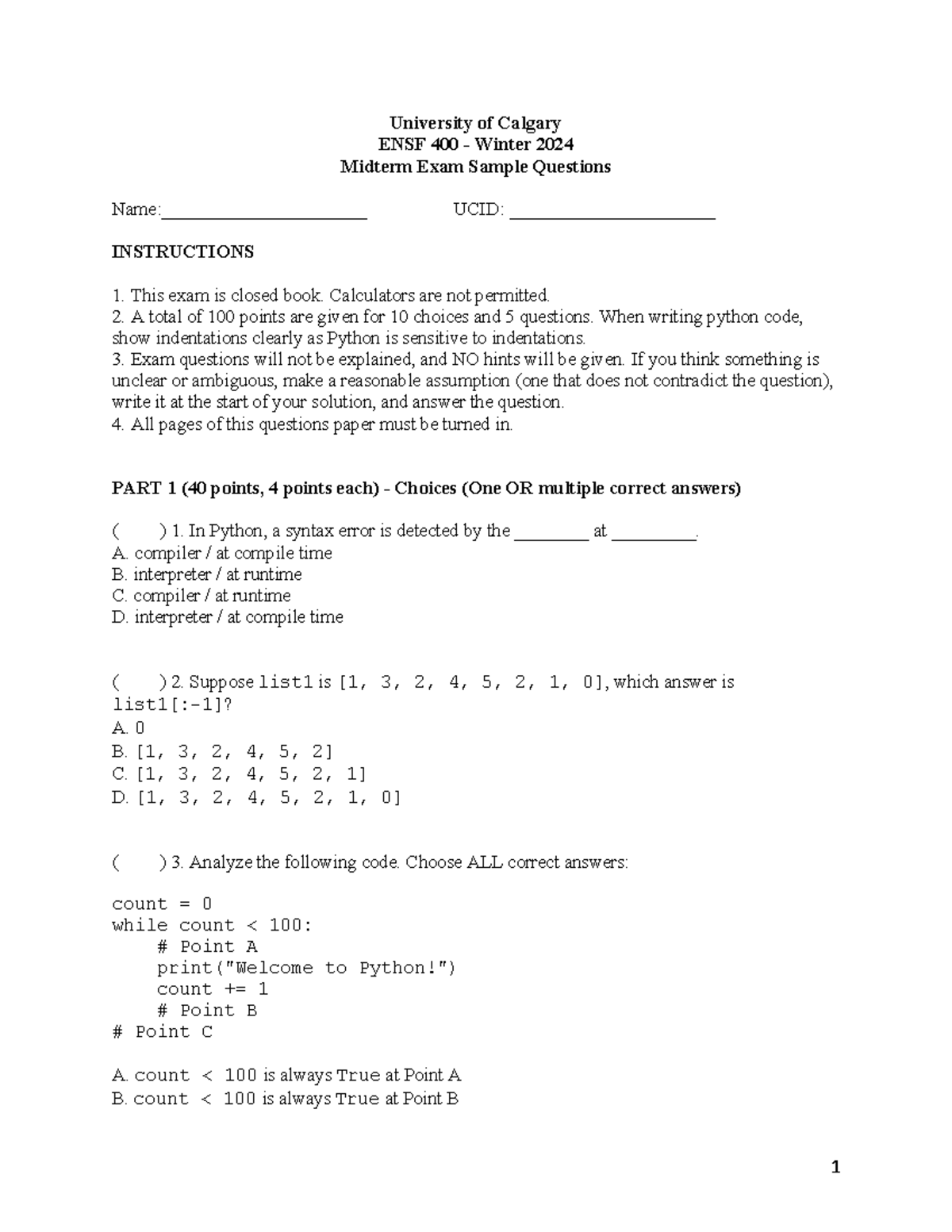 ENSF 400 Midterm Exam Sample Questions - Winter 2024 - Studocu
