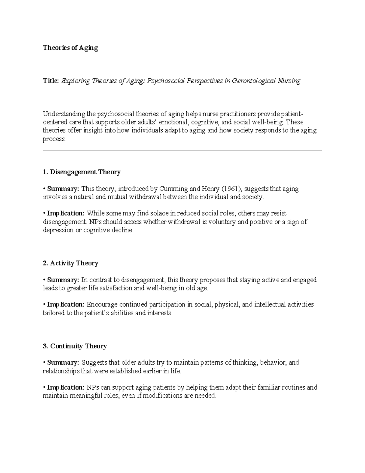 Theories of Aging - study material - Theories of Aging Title: Exploring ...