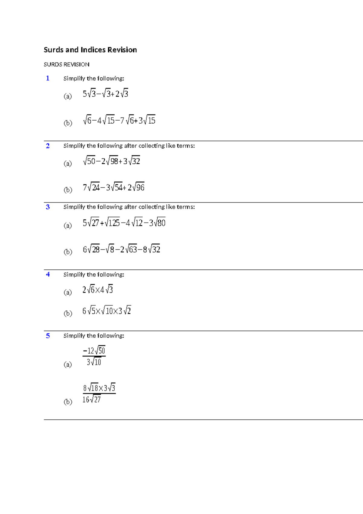 Surds and Indices Revision Notes for Math 101 - Studocu