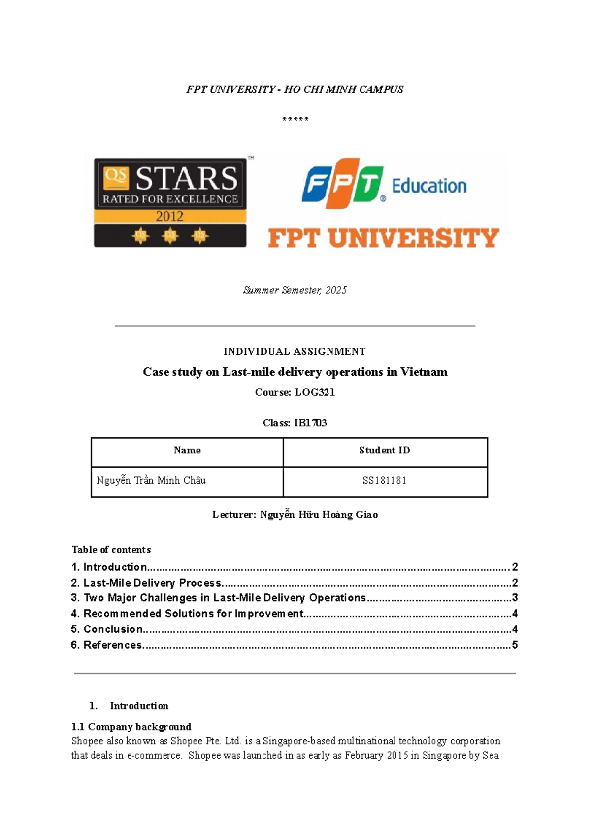 Case Study on Delivery Operations: LOG321 Individual Assignment IB1703 ...