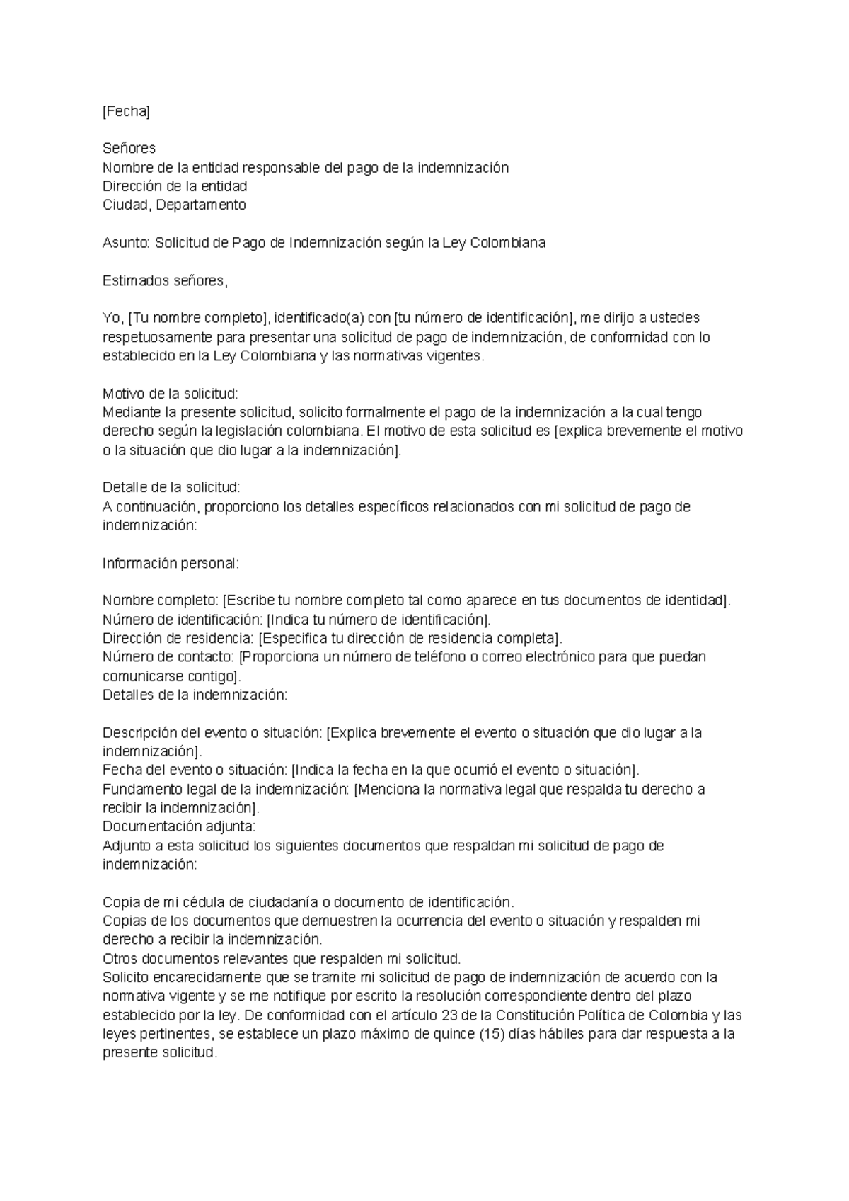 Modelo de Solicitud de Pago de Indemnización - Formato Legal - Studocu