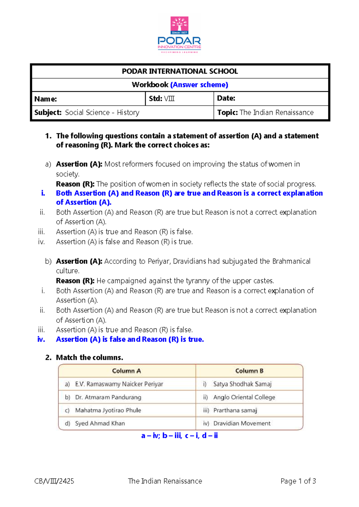 AS WB CB VIII SSc The Indian Renaissance Workbook (Answer Scheme) - Studocu