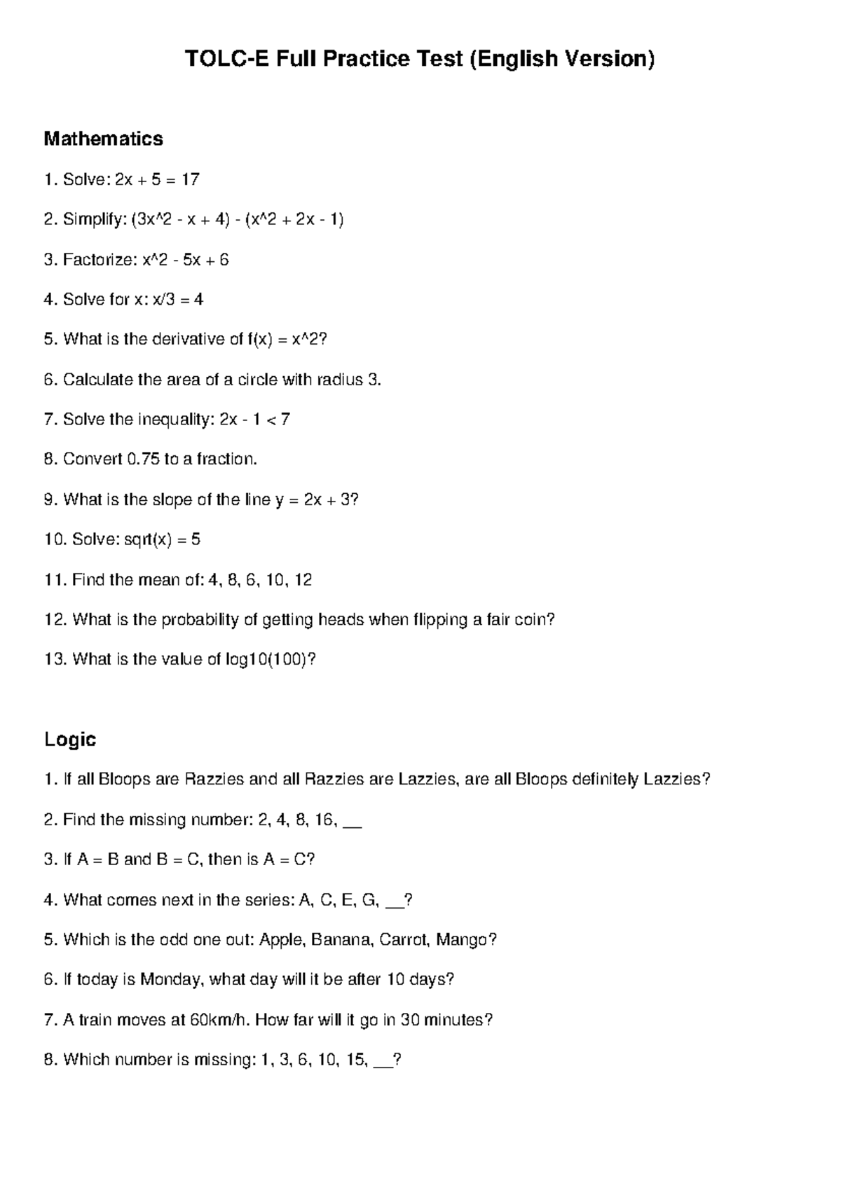 874266803 TOLC E Full Practice Test: Math, Logic & Reading - Studocu