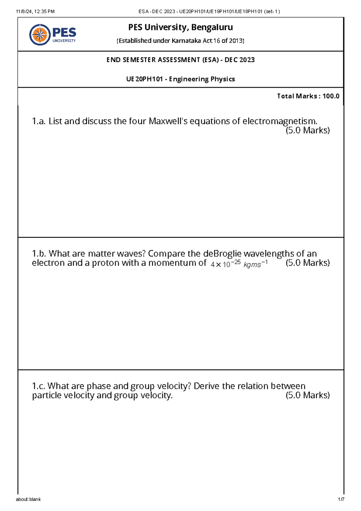 PES University UE21MA101 Engineering Mathematics I: Classwork Problems ...