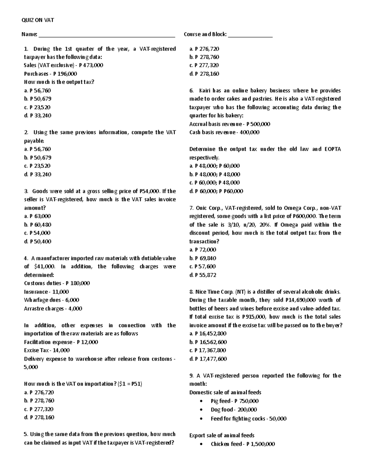 Quiz 2 on VAT (Value Added Tax) - Course Code: [Insert Code] - Studocu