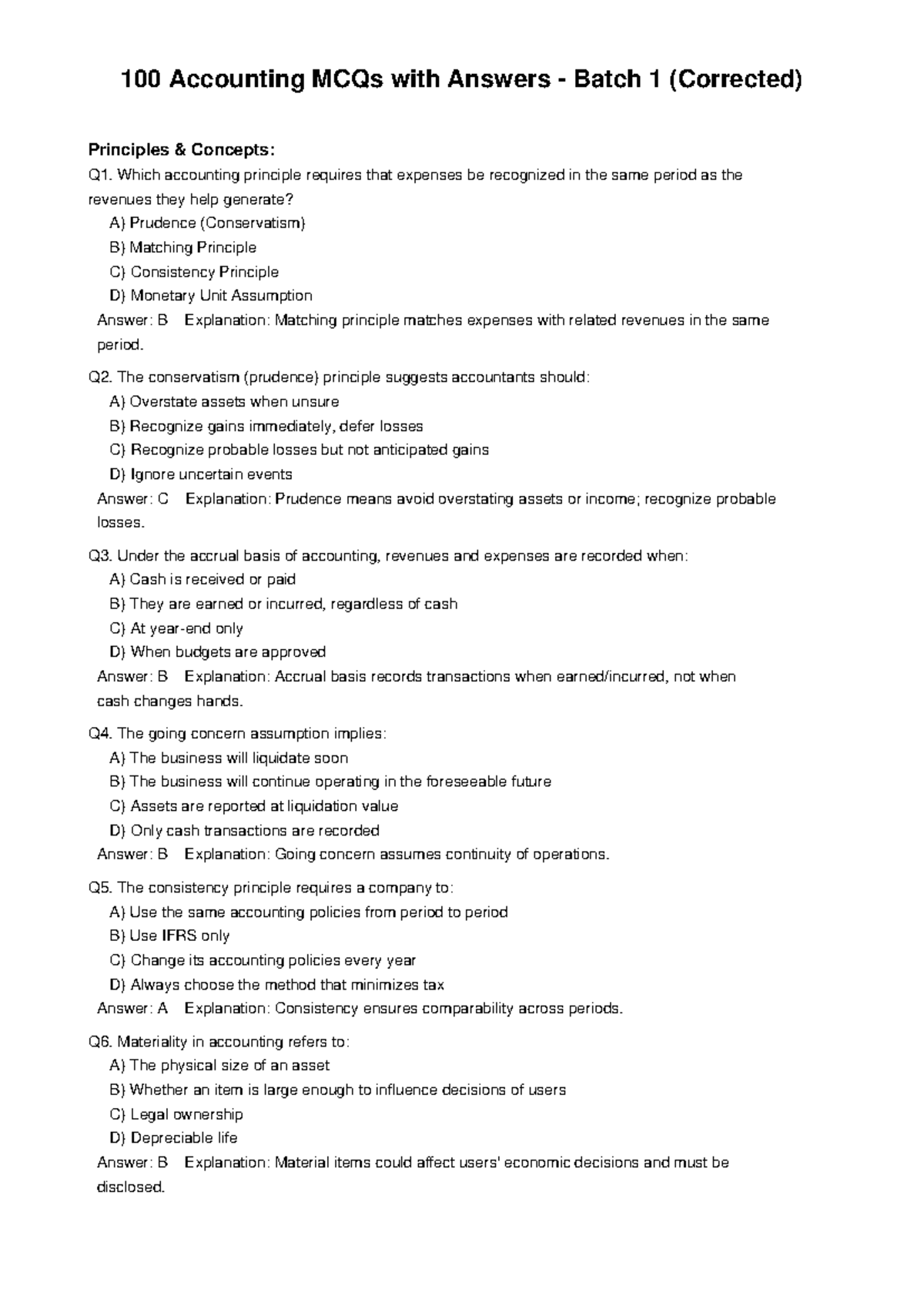 100 Corrected Accounting MCQs with Answers for Exam Preparation - Studocu