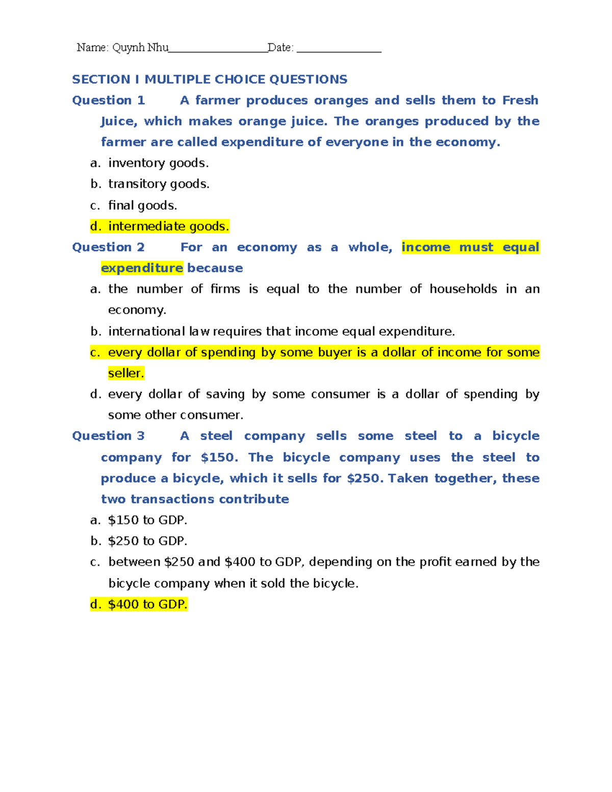 Lecture 1 - Multiple Choice Questions on GDP and Economic Concepts ...