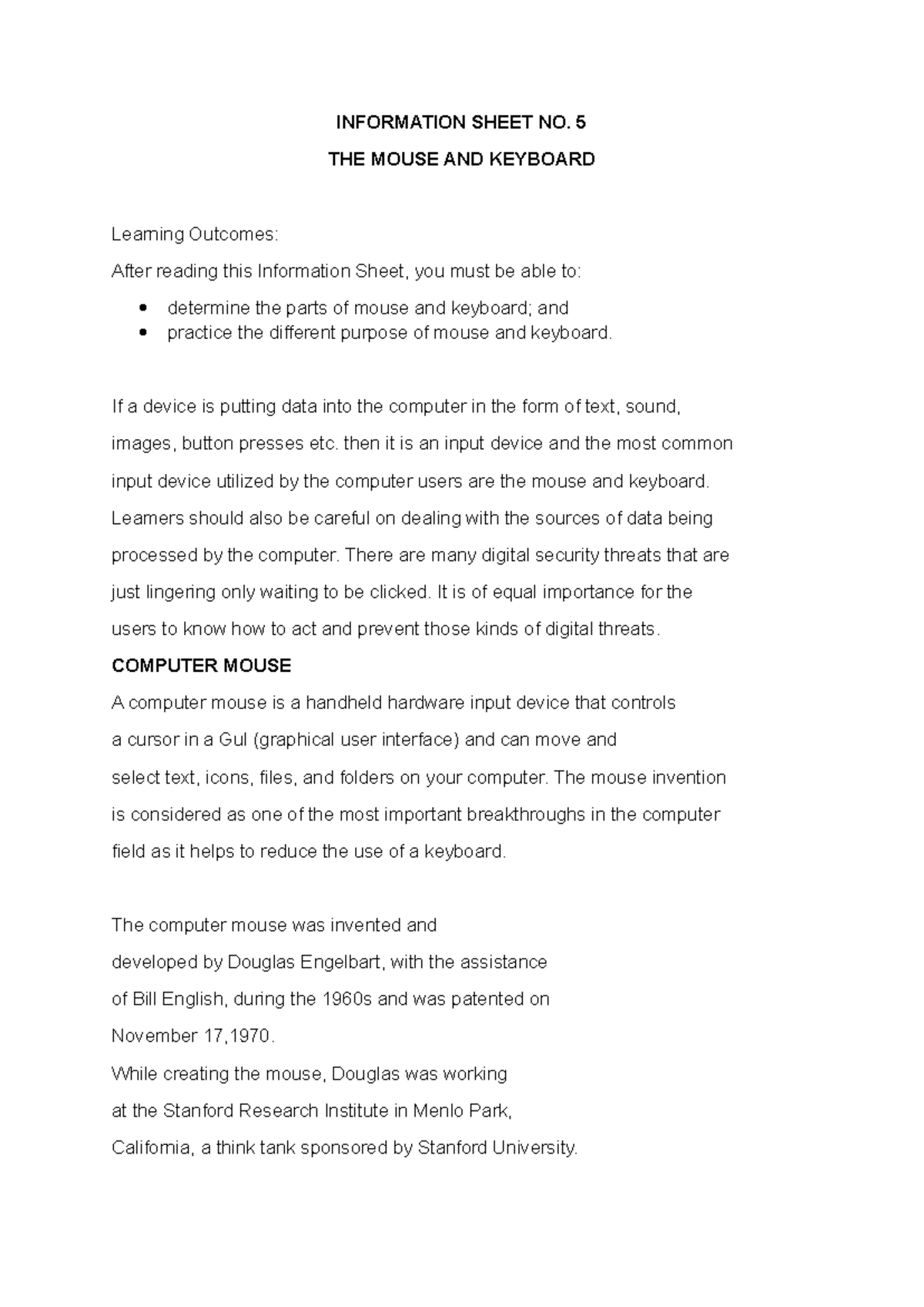 INFO SHEET NO. 5: UNDERSTANDING MOUSE & KEYBOARD FUNCTIONS - Studocu