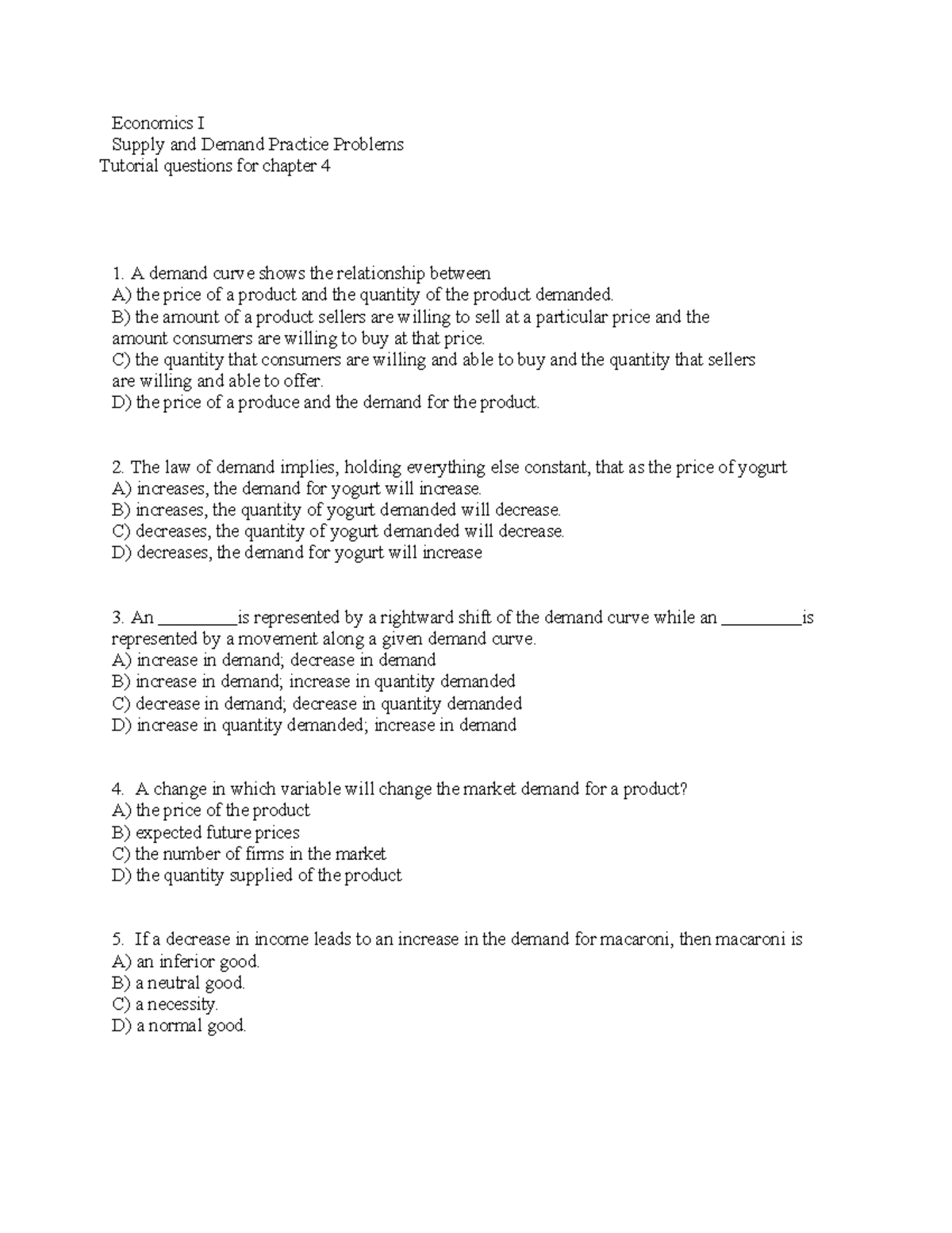 Economics I Practice Problems: Supply and Demand Tutorial (Ch. 4) - Studocu