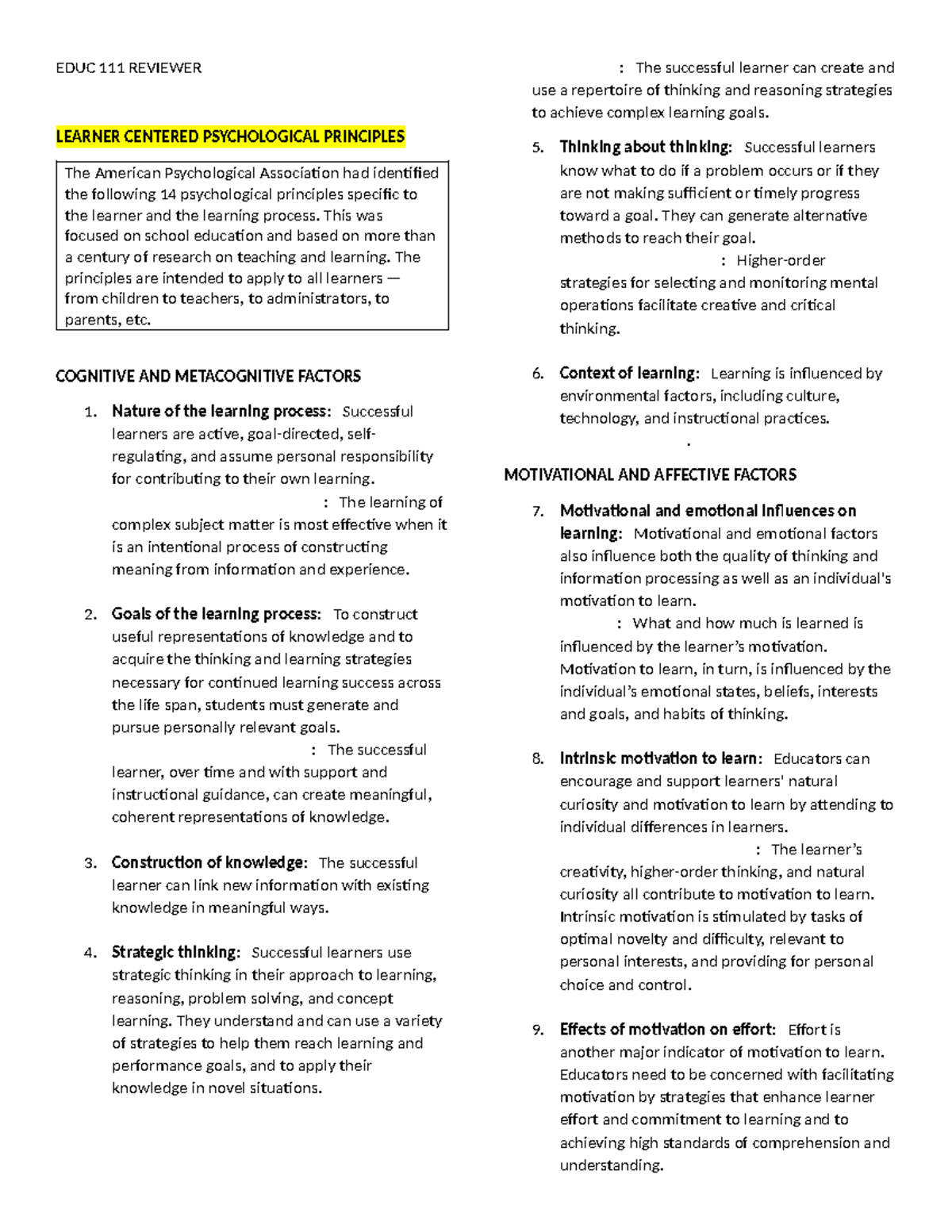 EDUC 111 Reviewer - MAJOR SUBJECT REVIWER - EDUC 111 REVIEWER LEARNER ...