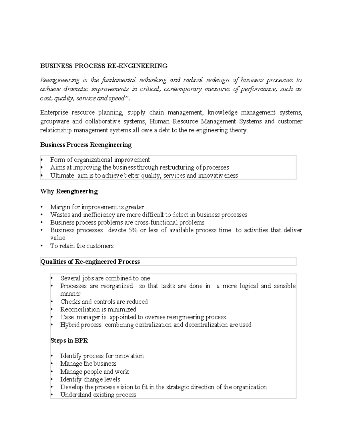 Lecture Notes - Business Process Reengineering (BPR) Overview and ...