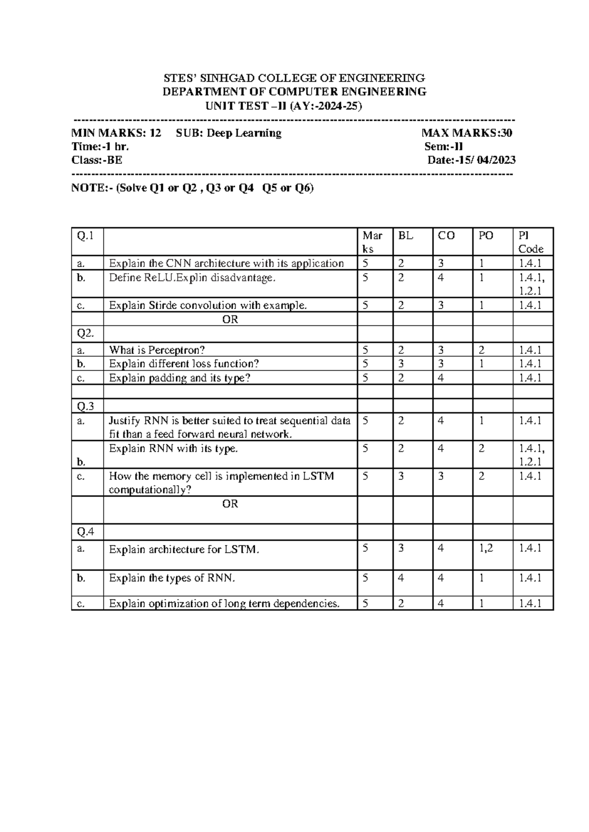 DL Unit test 2 - just unit test - STES’ SINHGAD COLLEGE OF ENGINEERING ...
