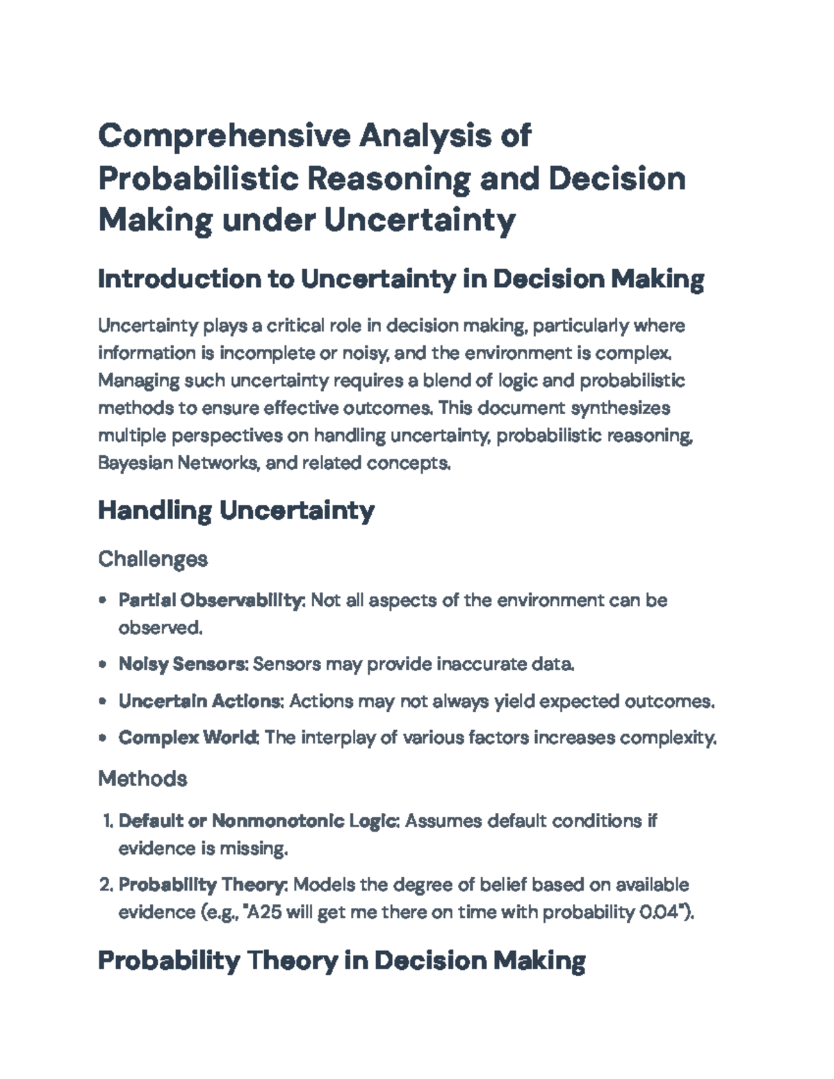 Probabilistic Reasoning & Decision Making Under Uncertainty: Analysis ...