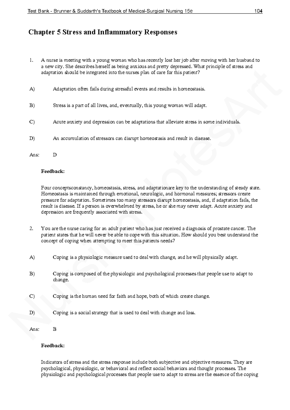 Chapter 5 - Stress and Inflammatory Responses Test Questions - Studocu
