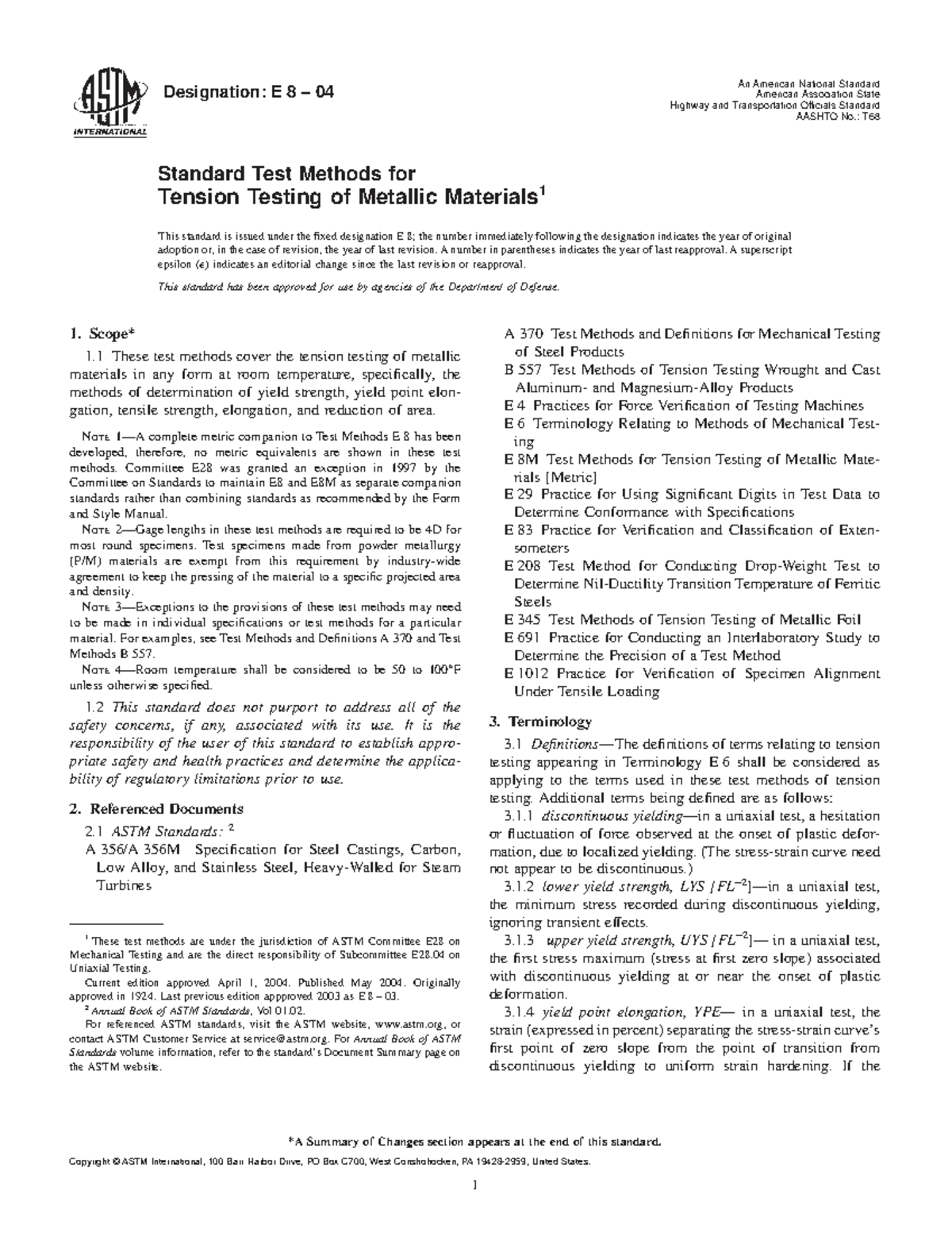 ASTM E8-04 Standard Test Methods for Tension Testing of Metals - Studocu