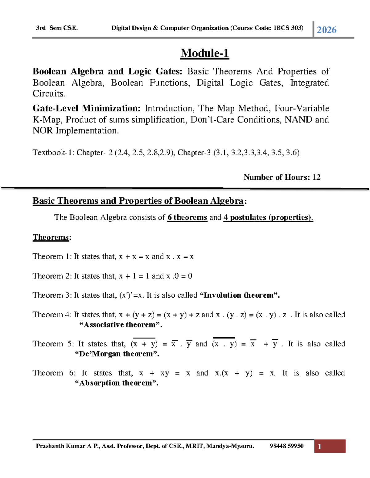 3rd Sem CSE. Digital Design & Computer Organization (1BCS 303) Notes ...