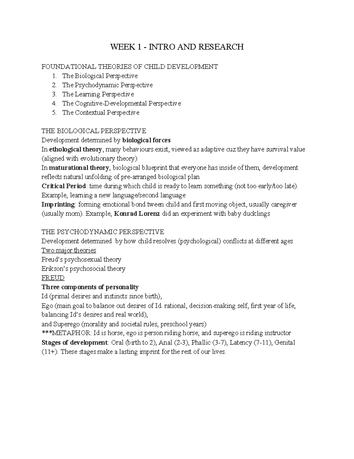 PSYC 2450 Notes: Foundations of Child Development Theories - Studocu