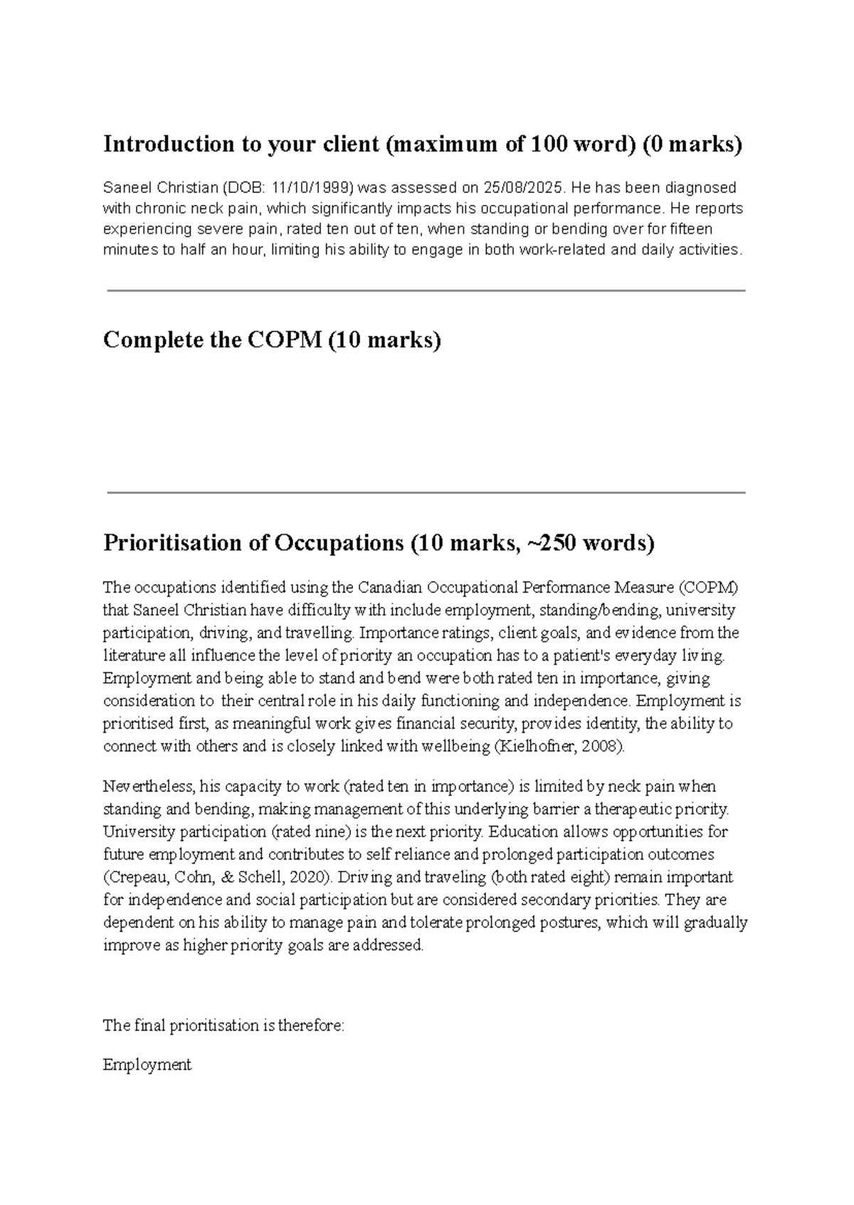 Assessment Item 2: COPM Interview & Report for Saneel Christian - Studocu