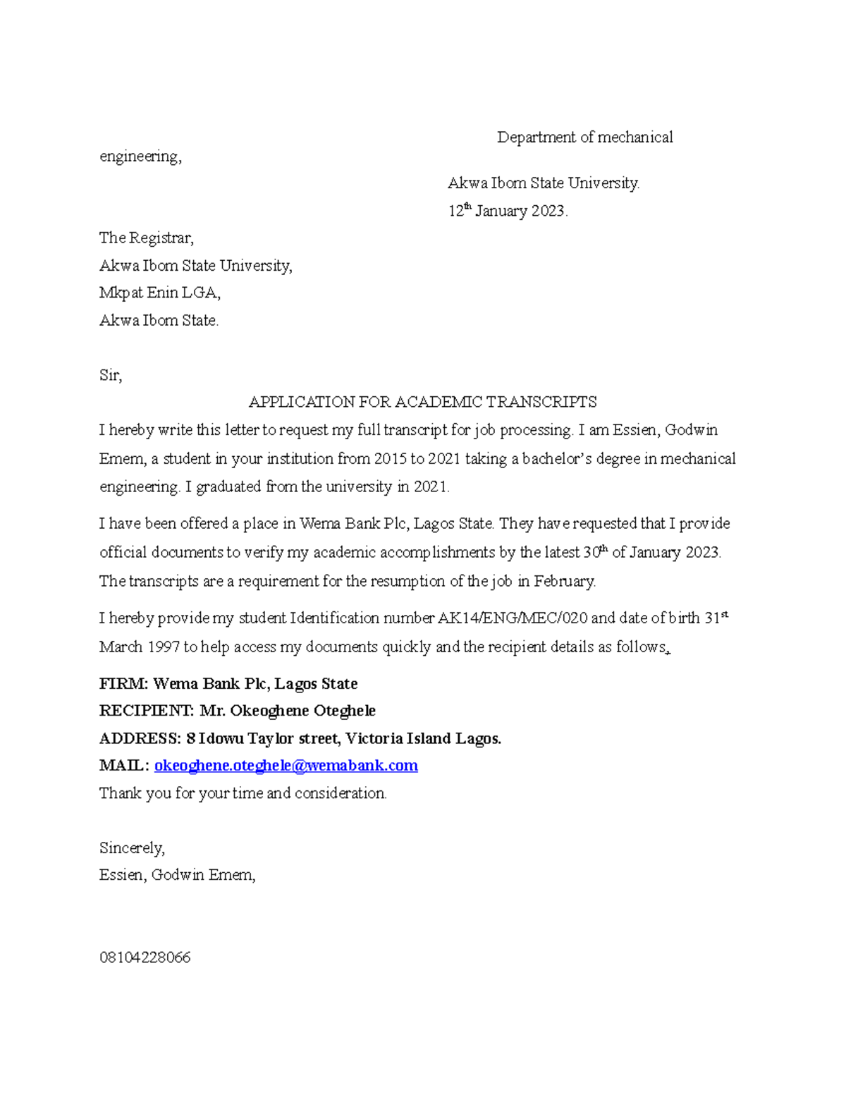 Request for Academic Transcript Submission - MECH 2023 - Studocu