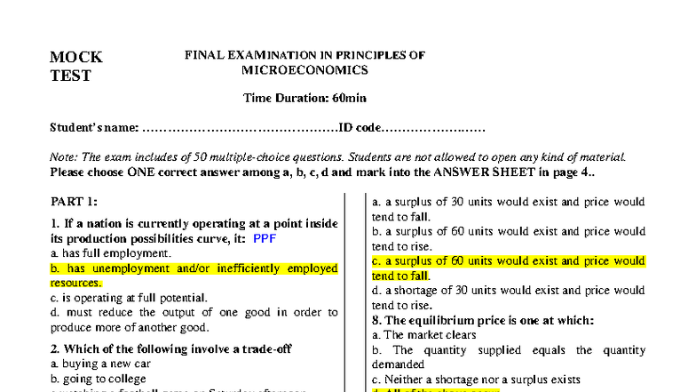 FINAL EXAM MOCK TEST: PRINCIPLES OF MICROECONOMICS (60 min) - Studocu
