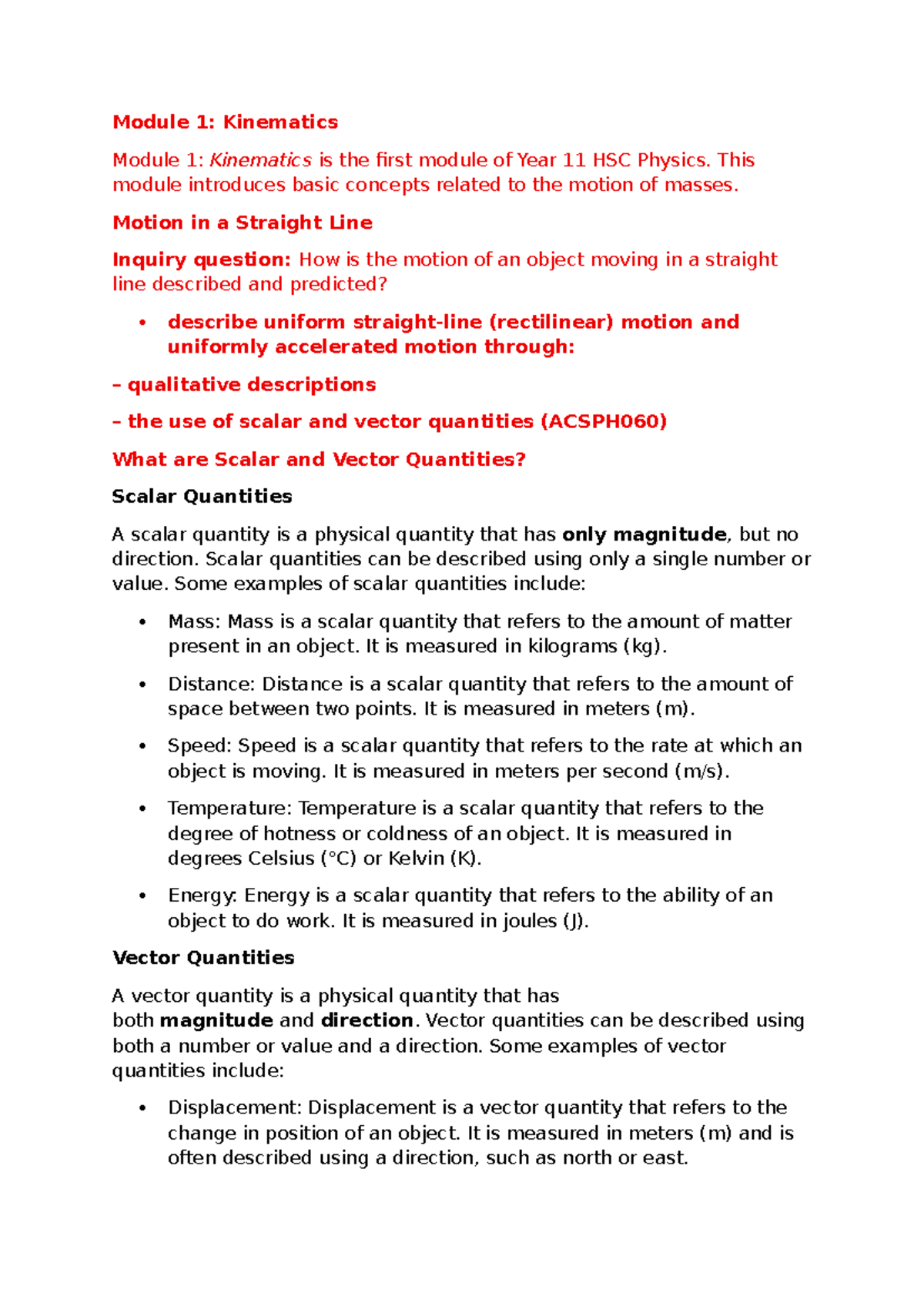 Year 11 HSC Physics: Module 1 Kinematics Notes - Studocu