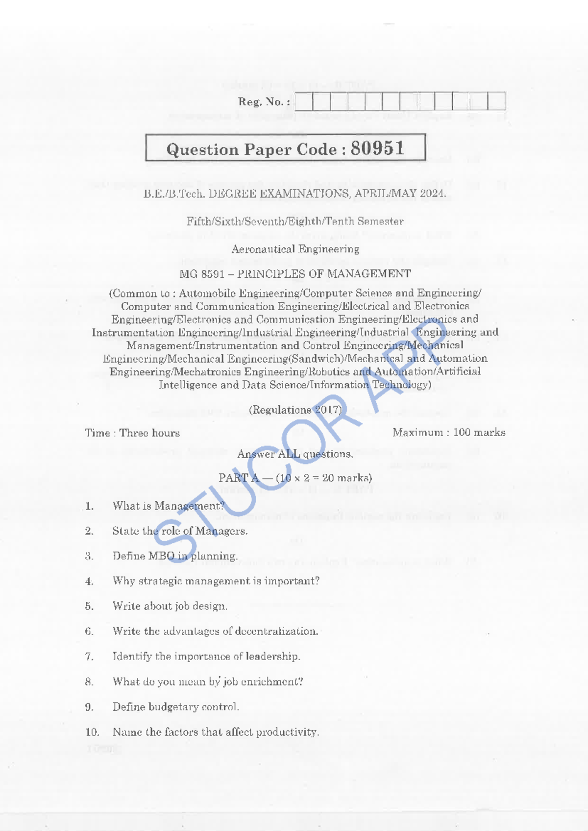 POM Question Paper - Reg. No. : Question Paper Code : 80951 DEGREE ...