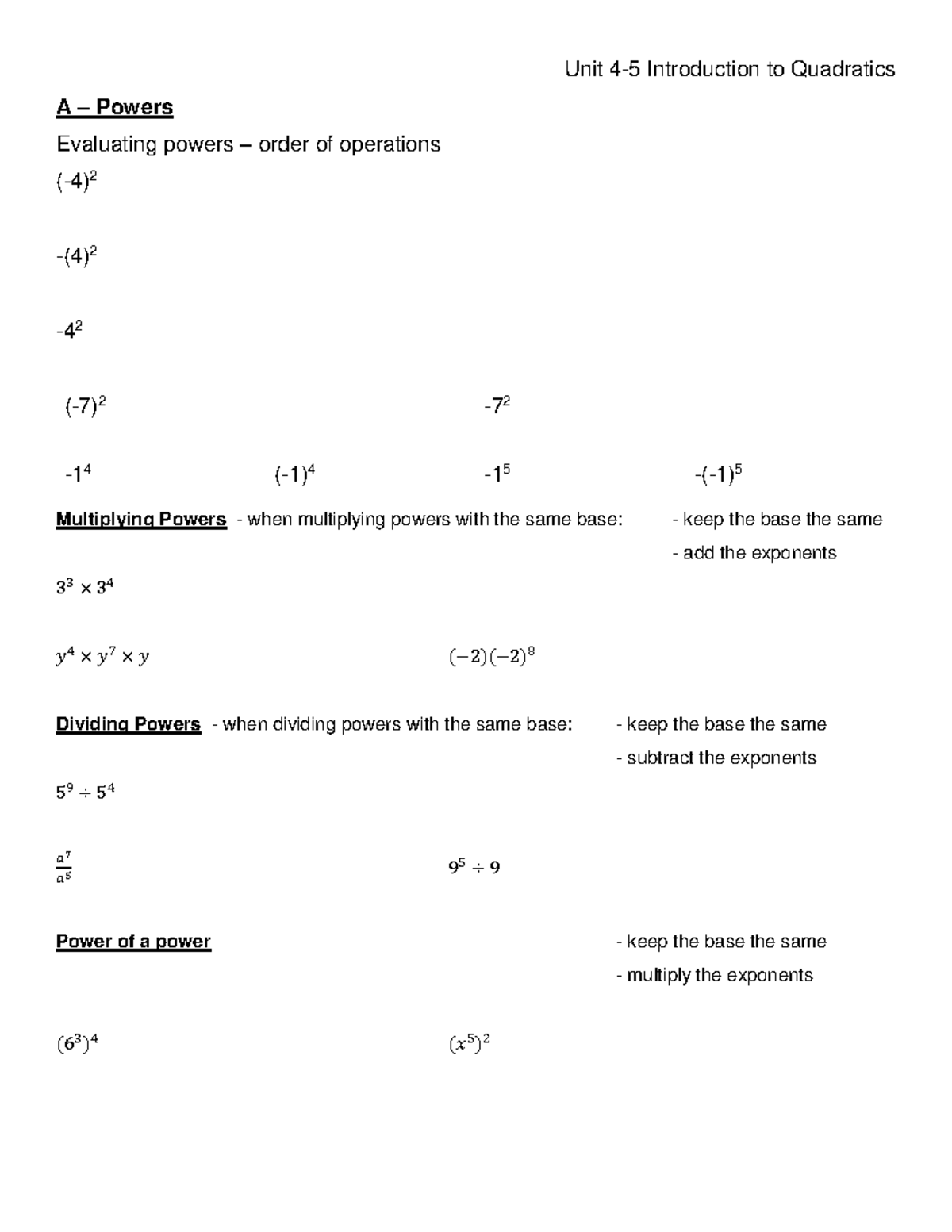 4-5 AB Powers Lesson Notes: Evaluating and Simplifying Exponents - Studocu