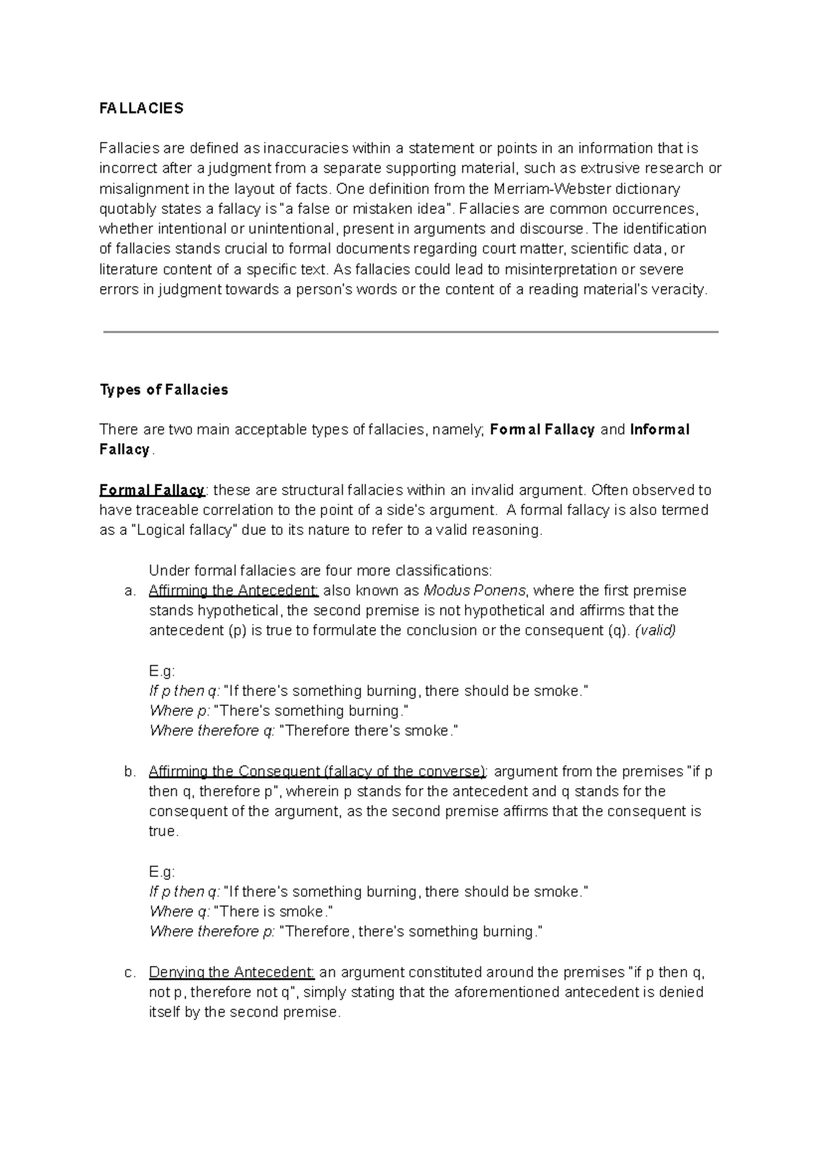 Fallacies and Theories of Truth - FALLACIES Fallacies are defined as ...