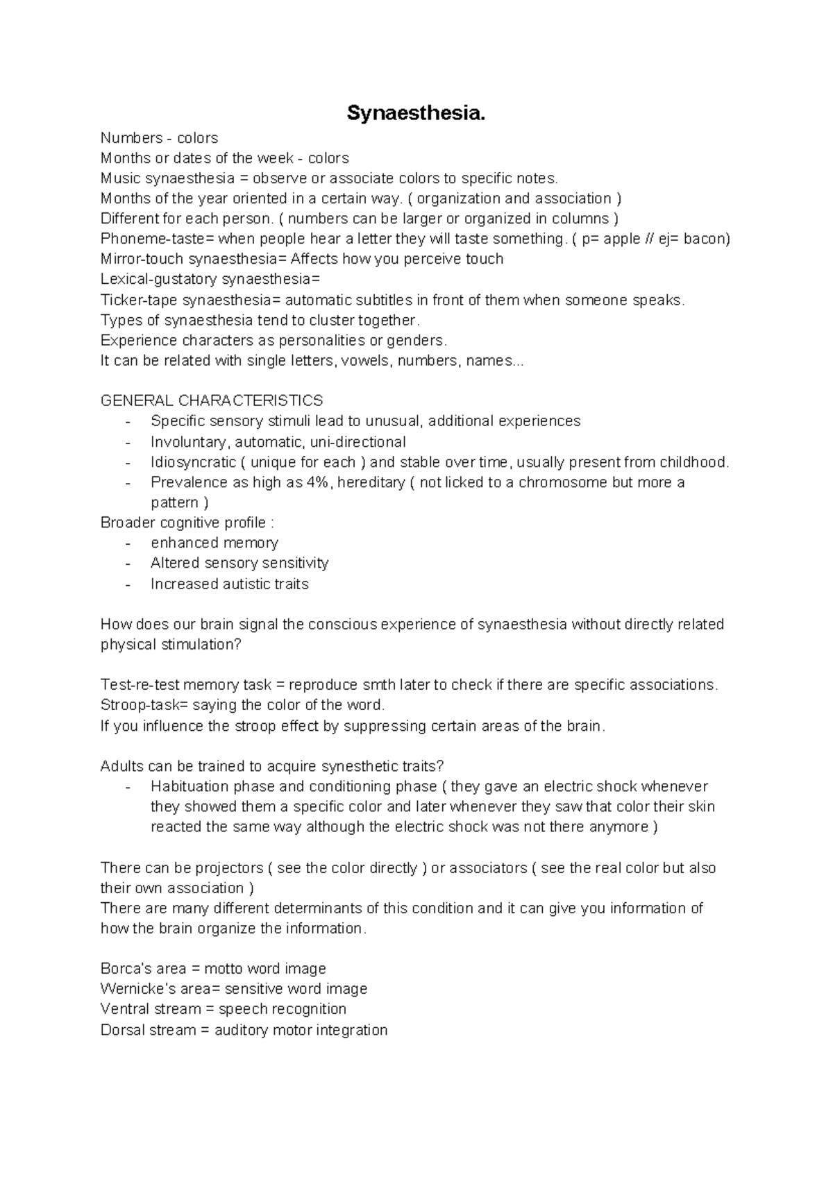 PSY 302: Synaesthesia Overview and Characteristics - Study Notes ...