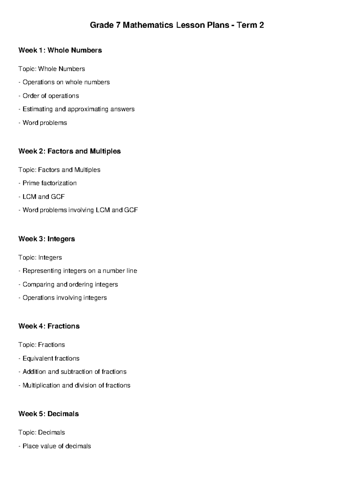 Grade 7 Math Lesson Plans Term 2: Whole Numbers to Decimals - Studocu