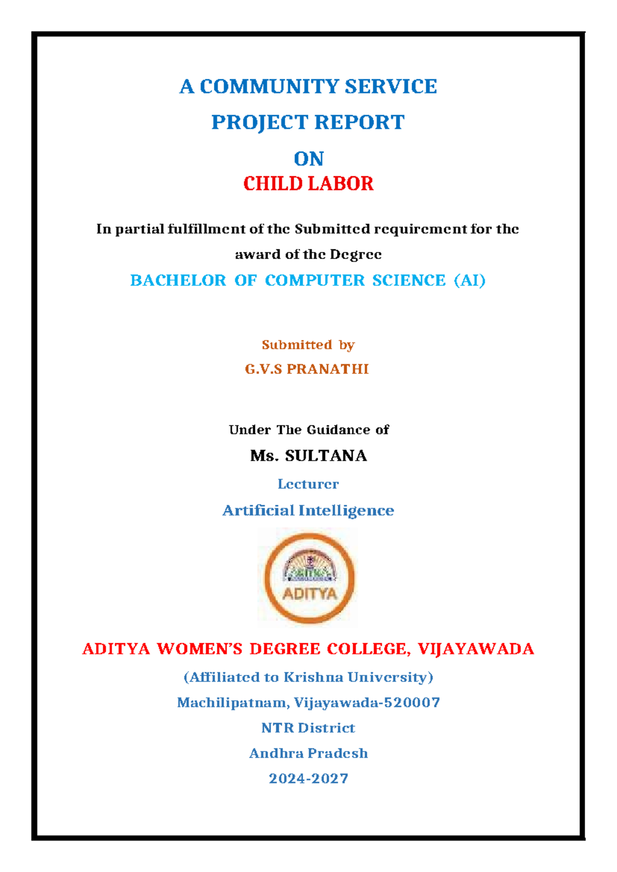 Community Service Project Report on Child Labor - B.Sc (AI) - Studocu