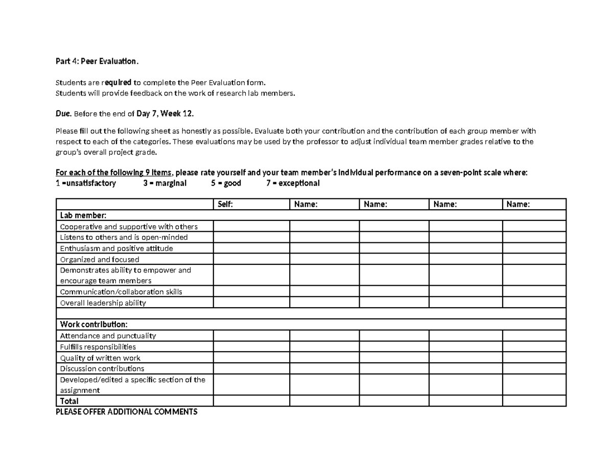 Peer Evaluation Form - CLASS: Feedback for Lab Members - Studocu