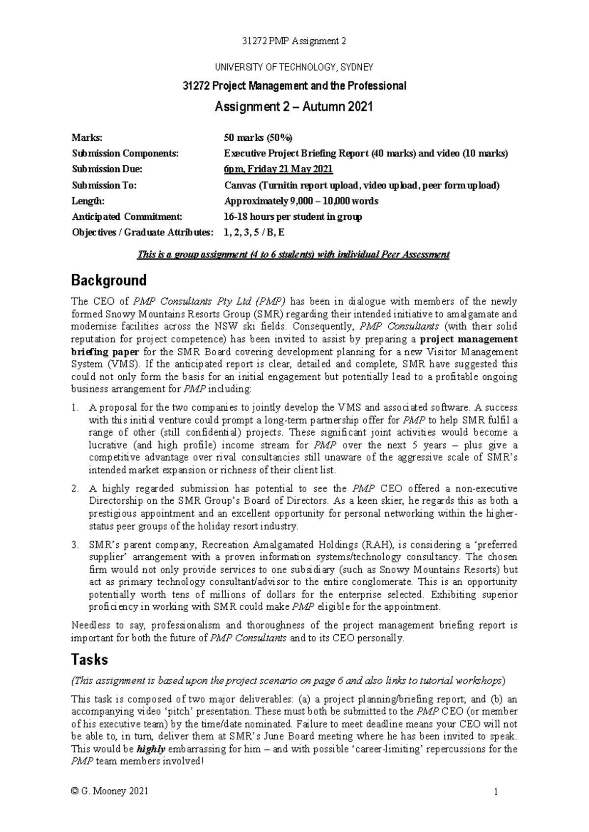 31272 A21 Assignment 2 Outline - SMR - UNIVERSITY OF TECHNOLOGY, SYDNEY ...
