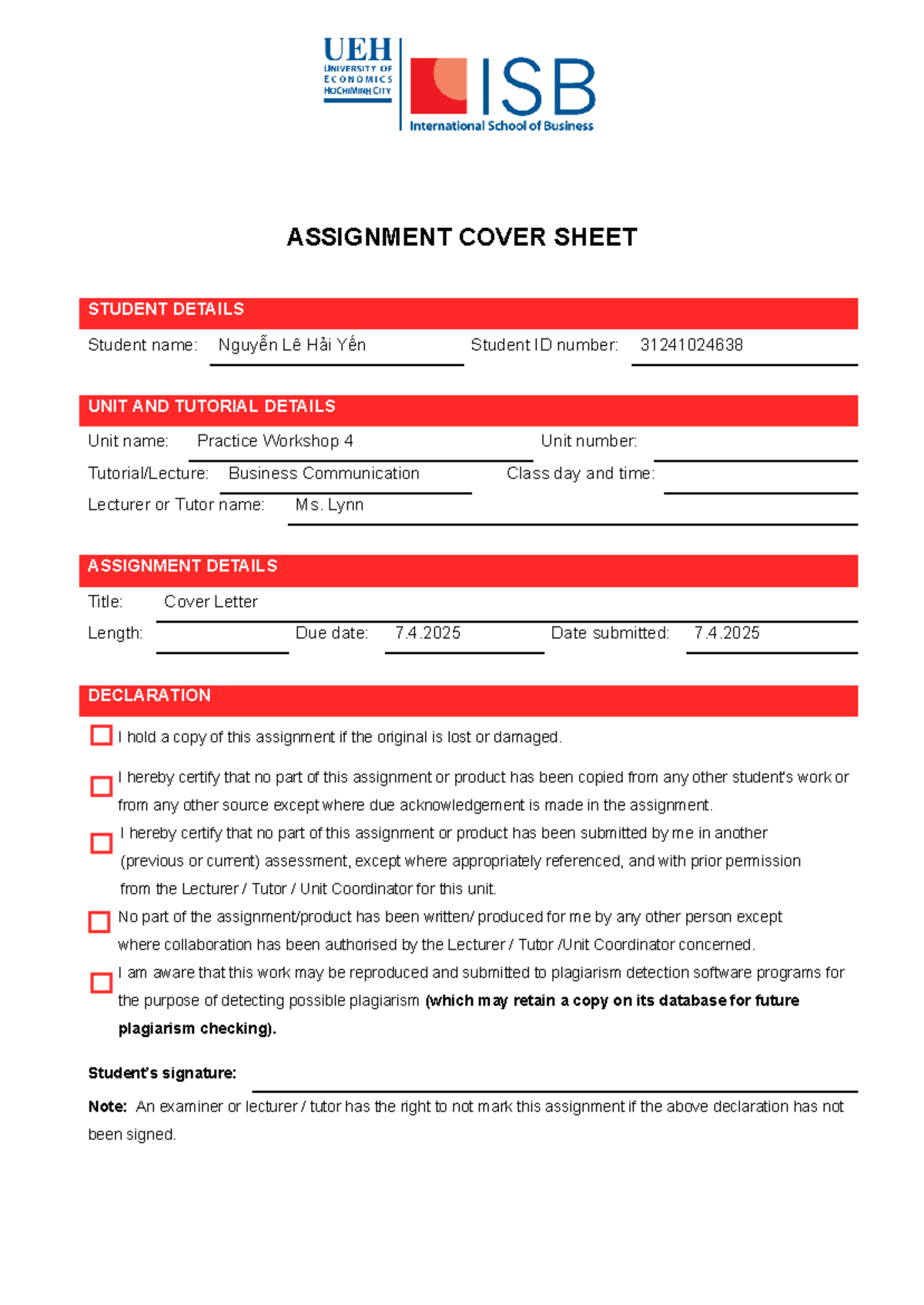 Cover Letter Nguyen LE HAI YEN BC18- Workshop 4 - ASSIGNMENT COVER ...