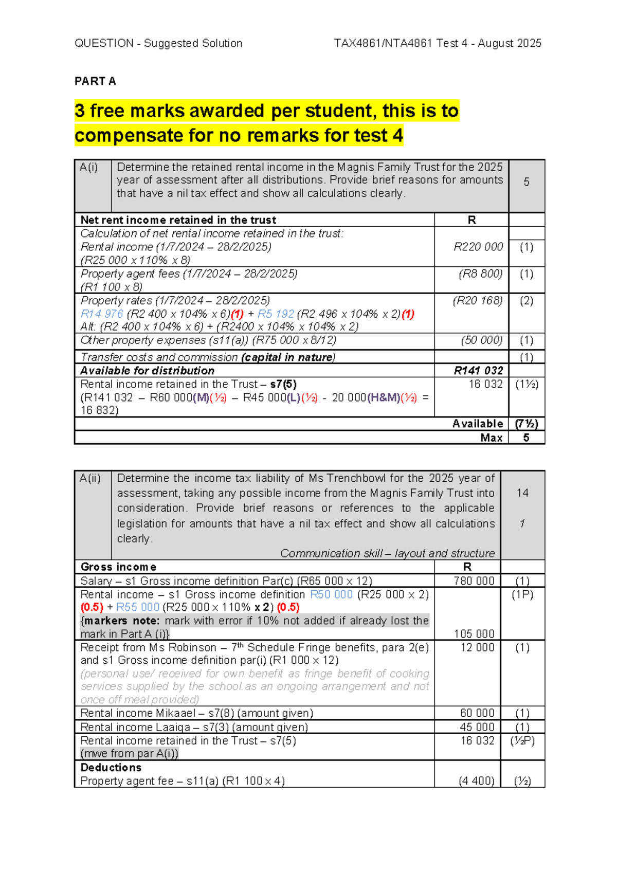 TAX4861 TEST 4 Suggested Solutions for August 2025 Exam - Studocu