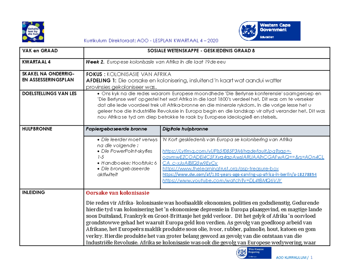 Lesplan Graad 8 SW Geskiedenis K4 W2: Europese Kolonisasie van Afrika ...