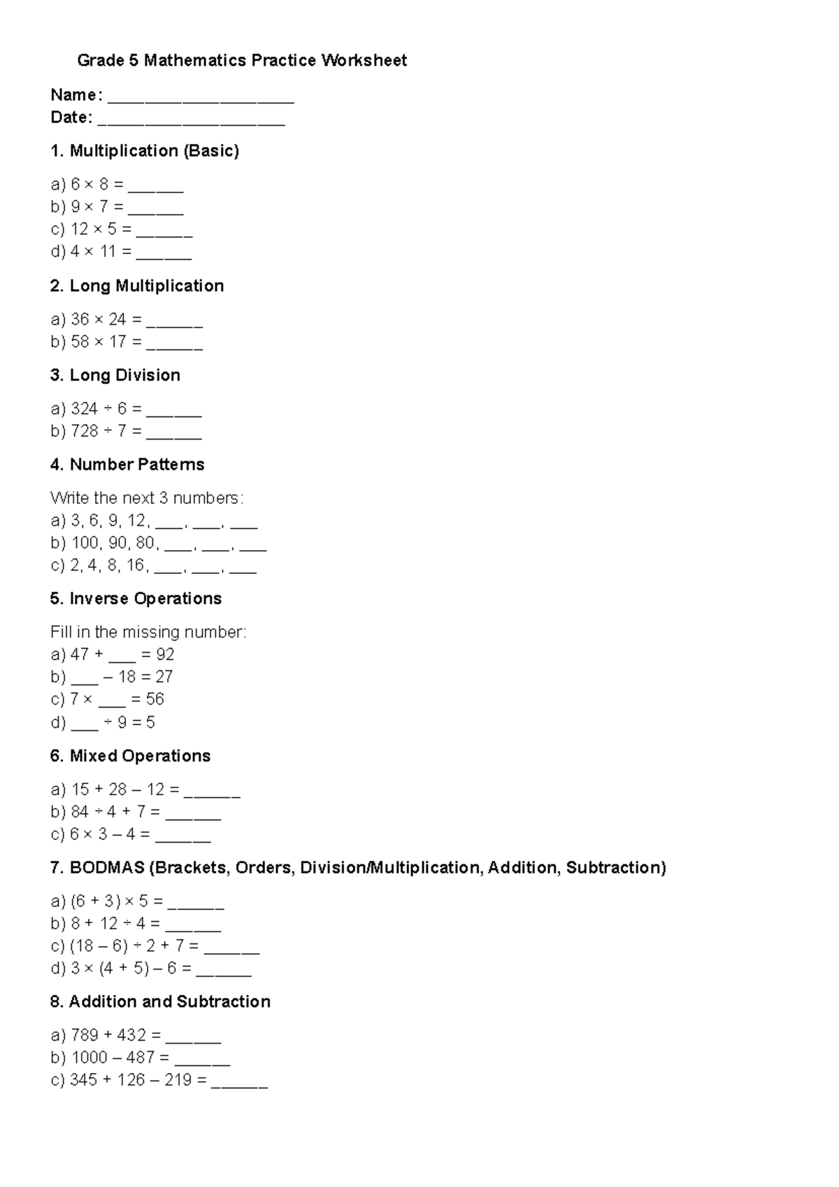 Grade 5 Math Practice Worksheet: Multiplication, Division & More - Studocu
