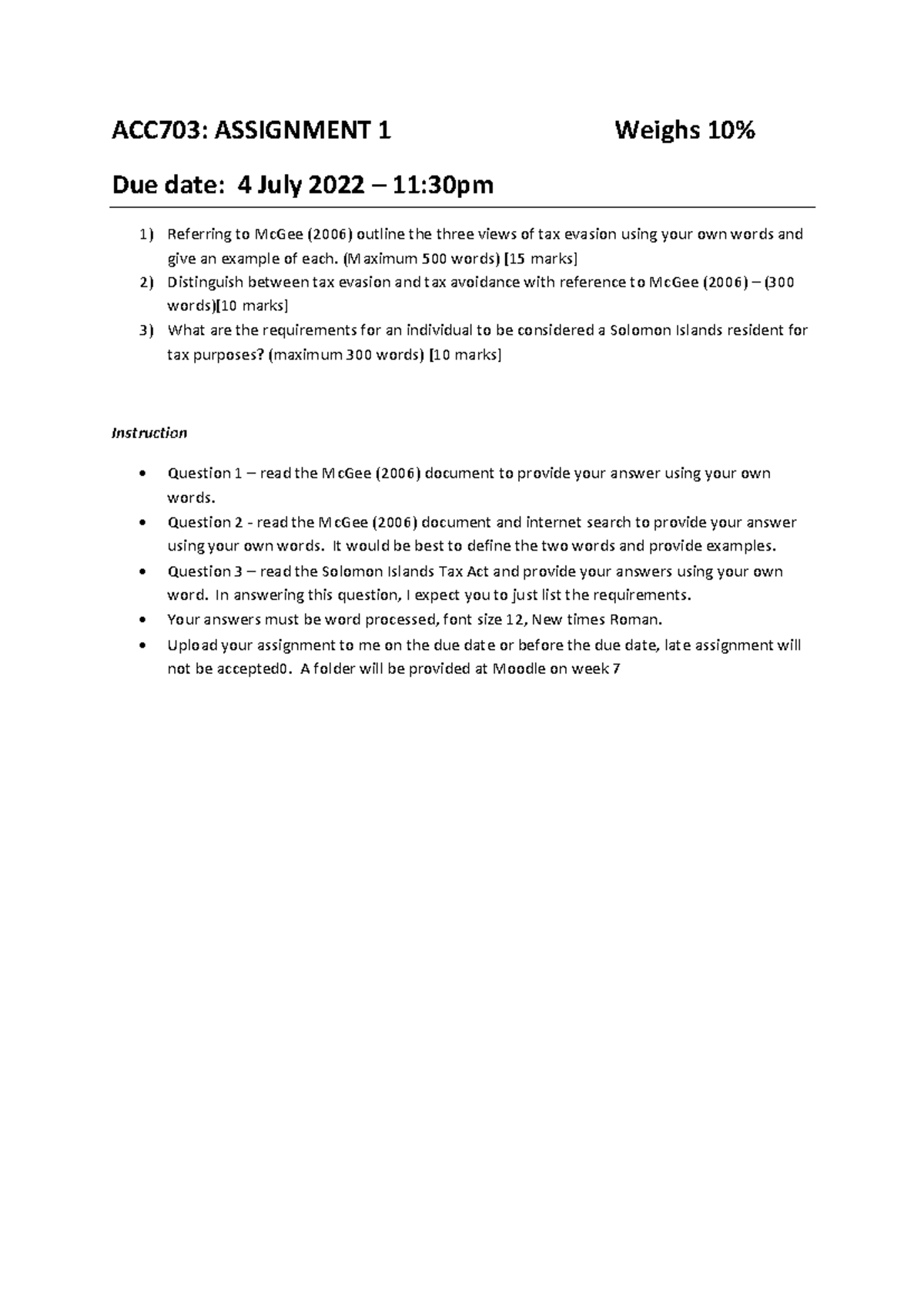 ACC703 Assignment 1 - ACC703: ASSIGNMENT 1 Weighs 10% Due date: 4 July ...