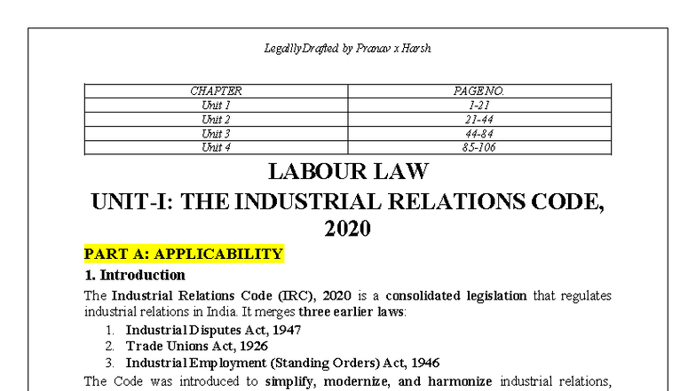 Labour Law (Sem 7) - Industrial Relations Code, 2020 Overview and Key ...