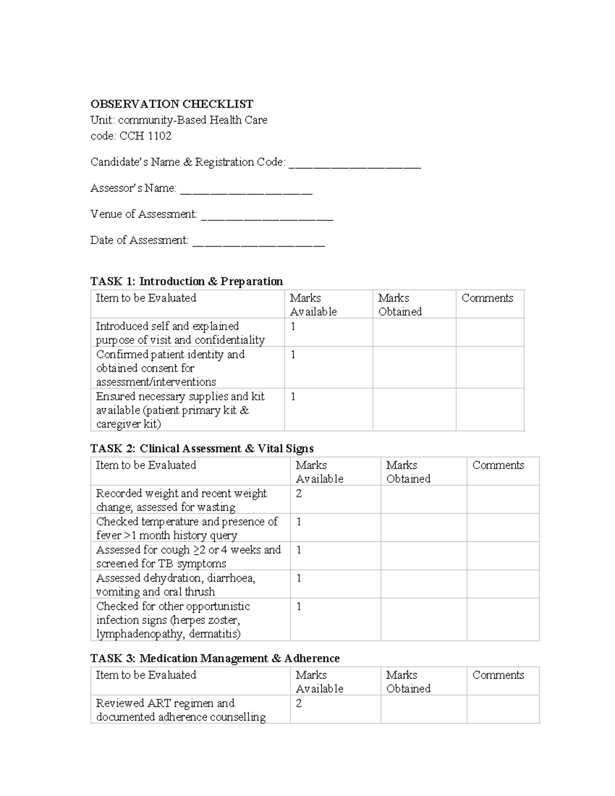 CCH 1102 CHBC Practical Assessment Checklist and Evaluation Guide - Studocu