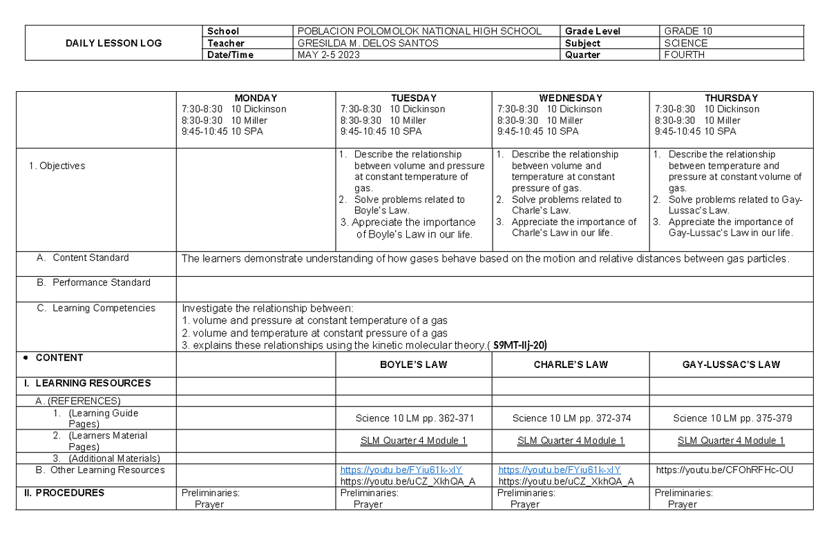 Science 10 Q4W1 Daily Lesson Log: Gases and Their Relationships - Studocu