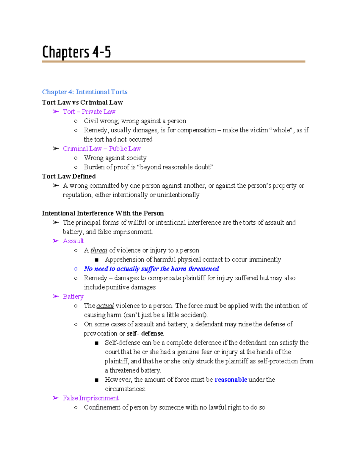 Chapters 4-5: Lecture Notes on Intentional Torts and Liability - Studocu