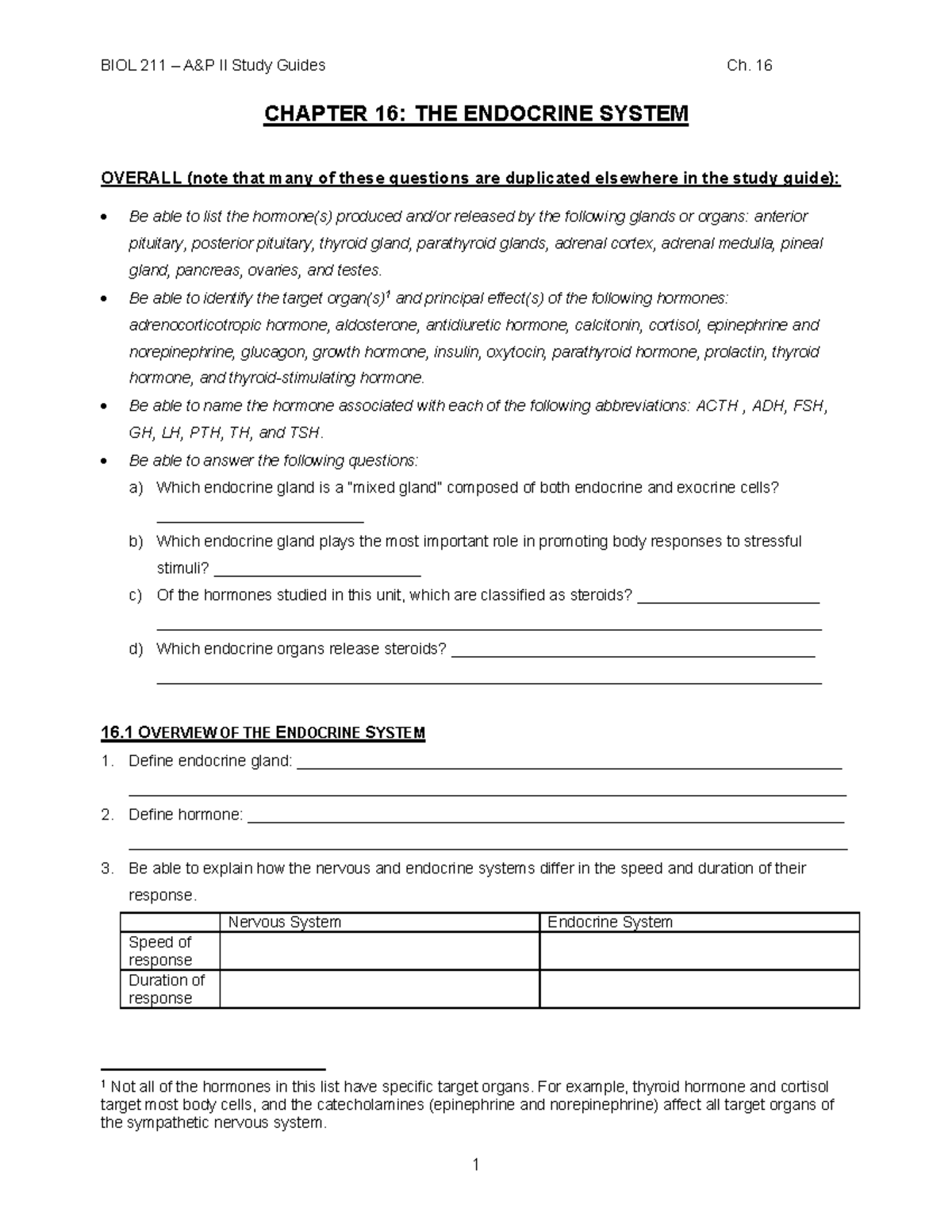 BIOL 211 – A&P II Study Guide: Chapter 16 - Endocrine System - Studocu