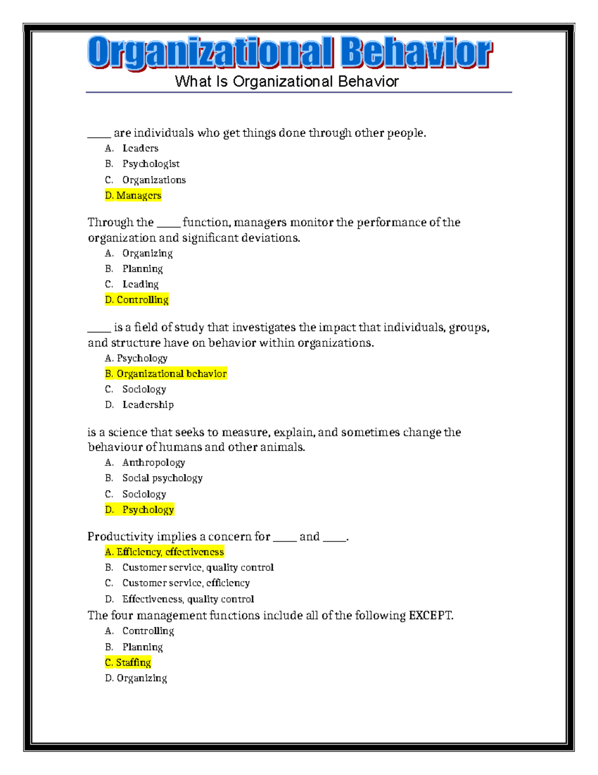 OB Final Exam Questions & Answers: Key Topics in Organizational ...