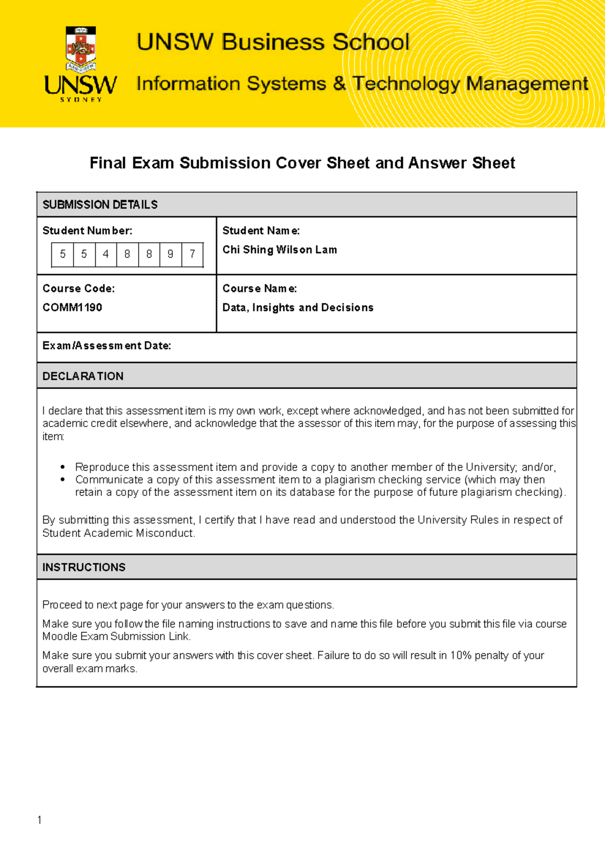 COMM1190 - Final Exam Cover Sheet & Answer Sheet - Studocu