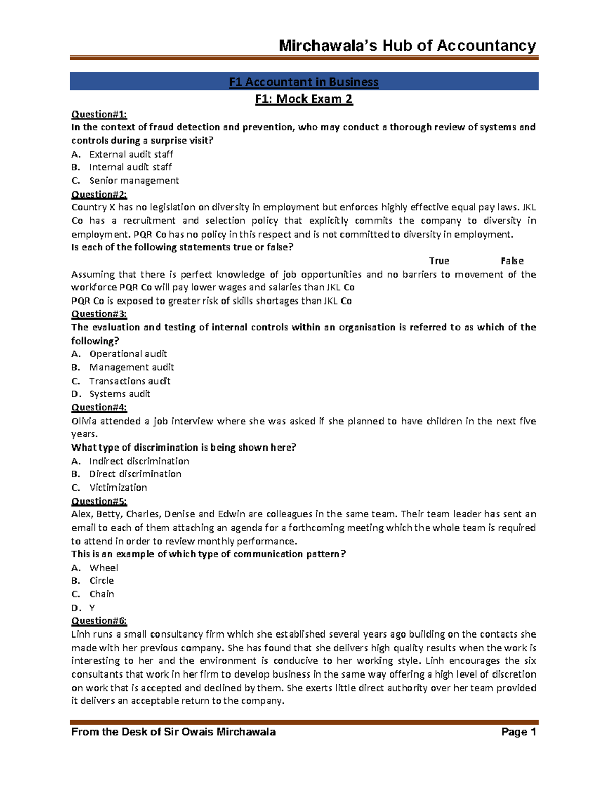 F1 Mock Exam 2 (Mirchawala) - Comprehensive Practice Questions and ...