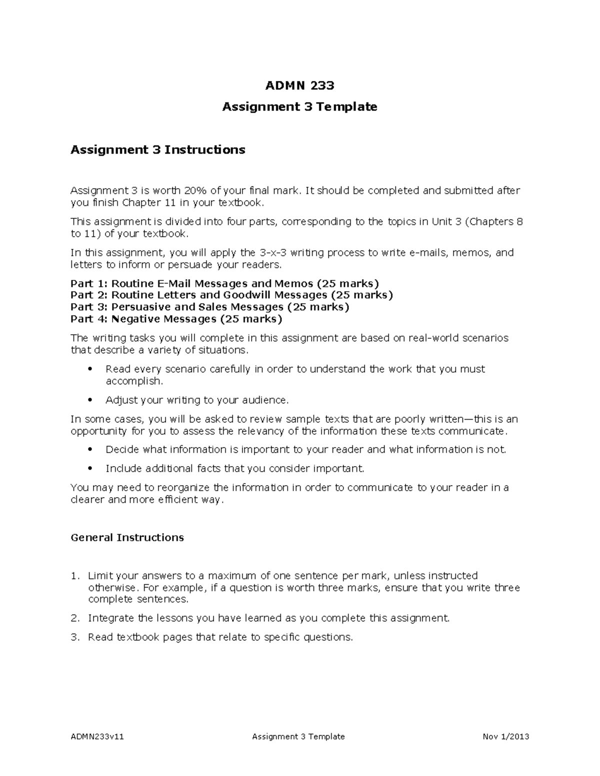 ADMN 233 Assignment 3: Writing Process and Communication Tasks Template ...